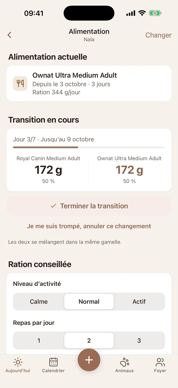 La transition alimentaire, en grammes, jour par jour