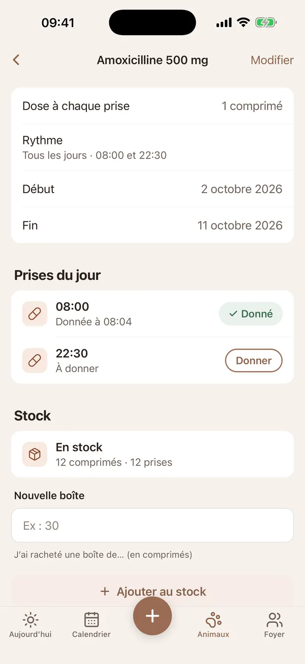 Un traitement : les prises du jour et les comprimés restants